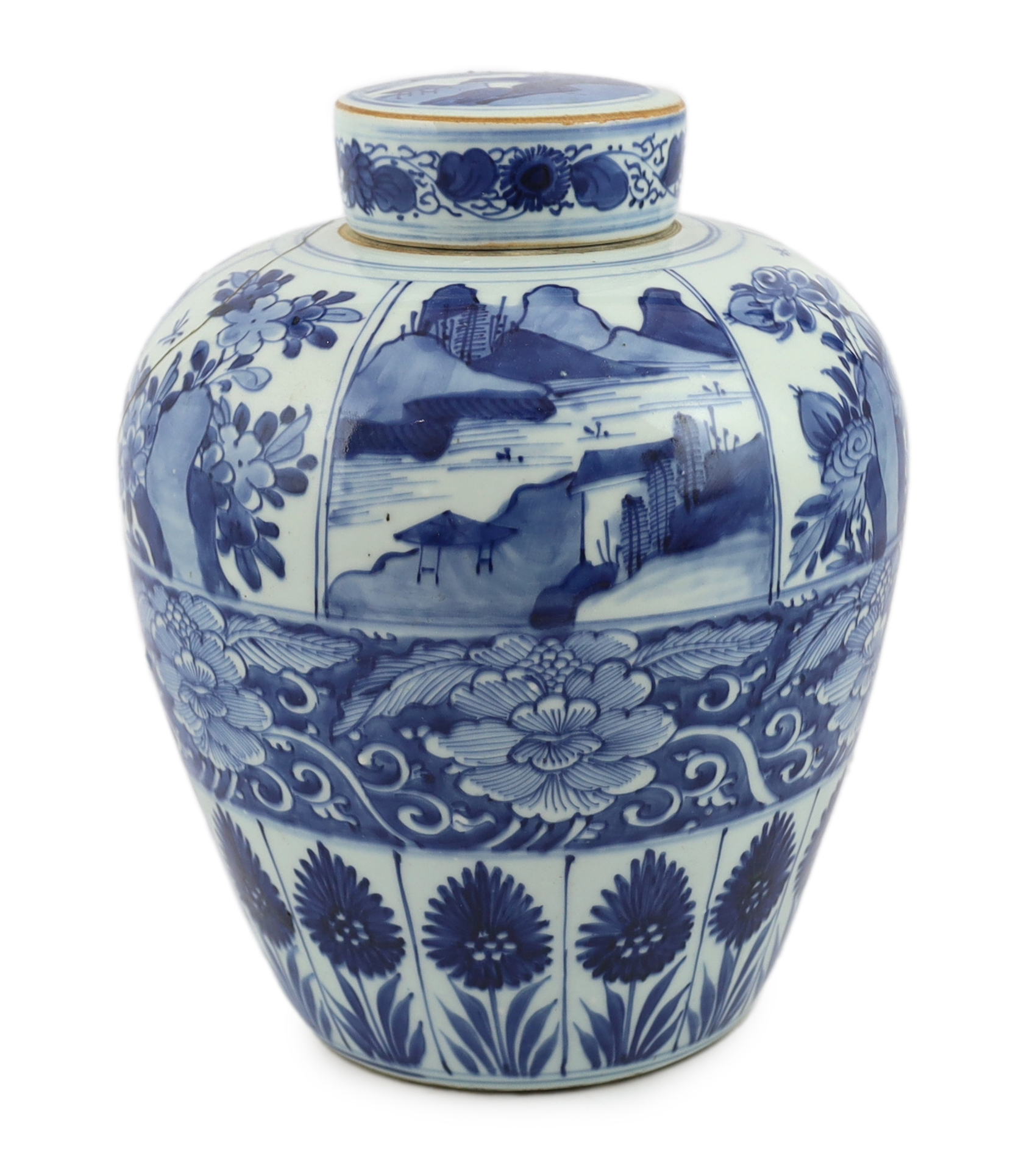 A Chinese blue and white ovoid jar and cover, Kangxi period, broken with kintsugi repair